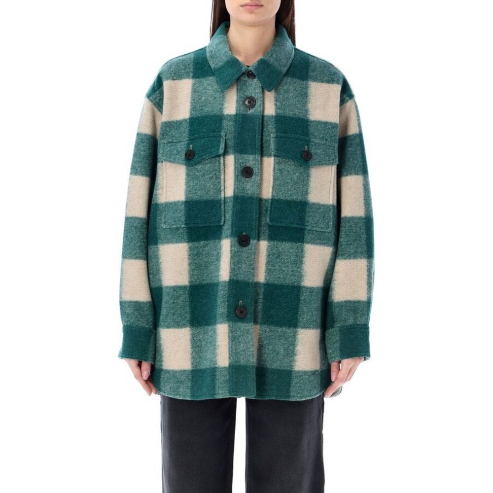 Isabel Marant Etoile Harveli Wool Plaid Shacket Green Ivory Size XS Chic French
